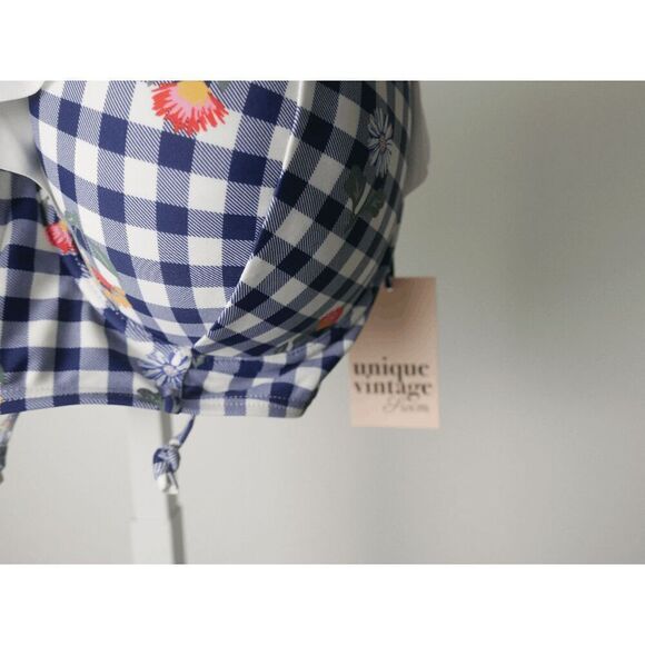 Unique Vintage Plus Size Navy Gingham & Floral Southampton Swim TOP 2X - Picture 3 of 4